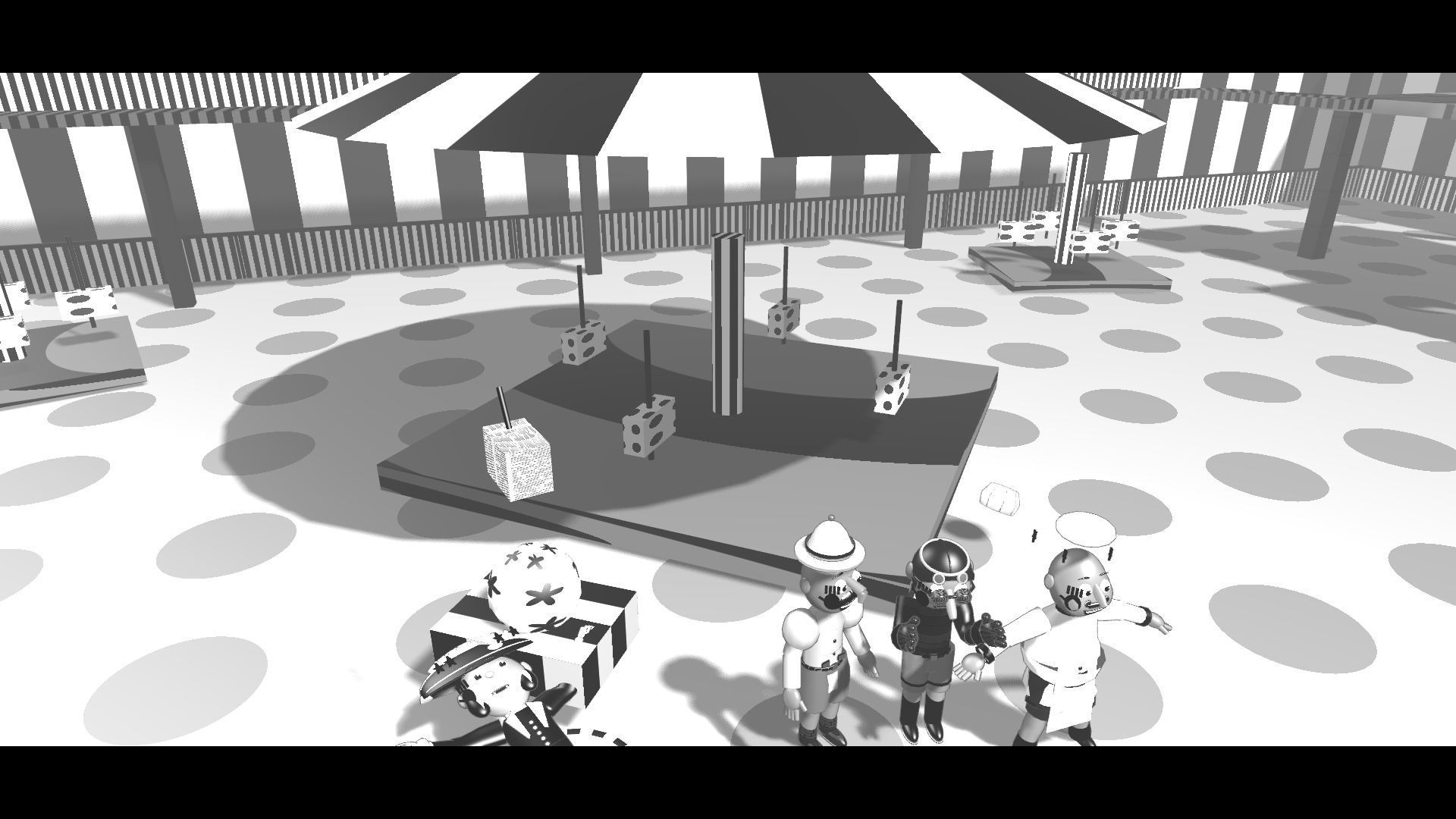 A striped carousel surrounded by citizens in the Old-Timey Carnival.
