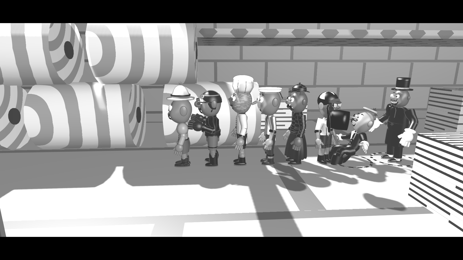A row of citizens caught in a slapstick domino chain reaction.