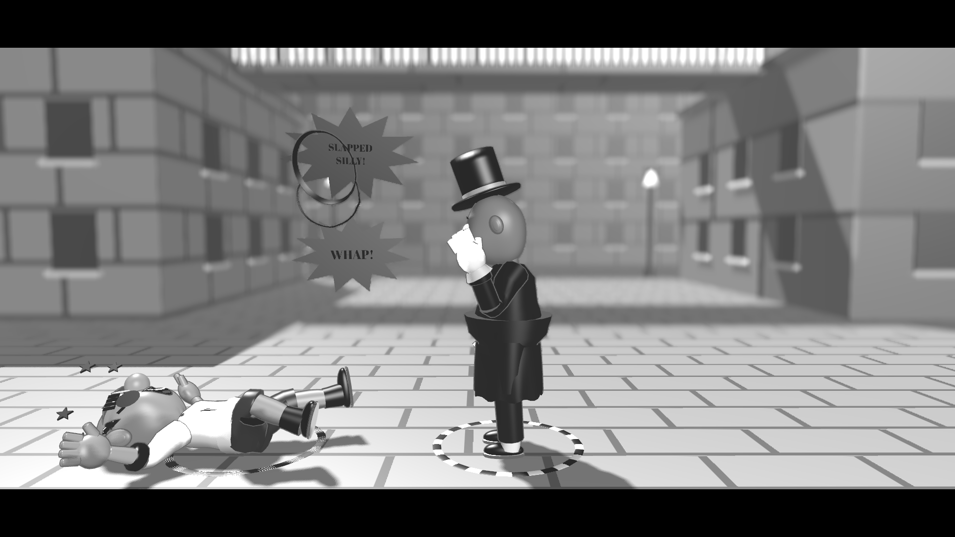 A top-hatted gentleman sends a fellow citizen tumbling in the streets of 1907.
