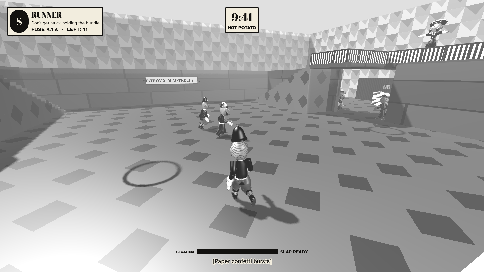 Hot Potato gameplay inside the checker-floored Mansion.