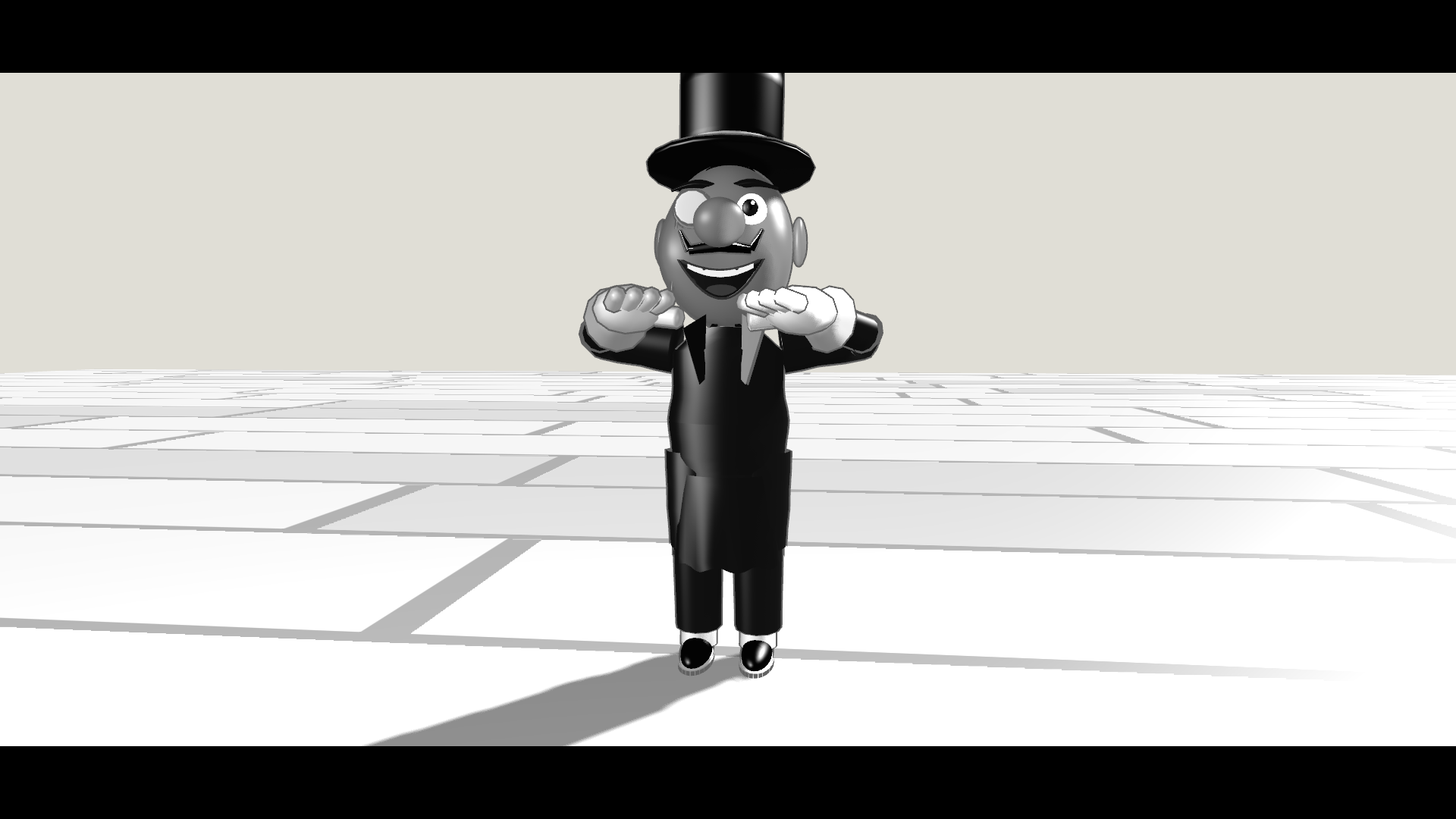 A smiling gentleman shows off his top hat, monocle and moustache.
